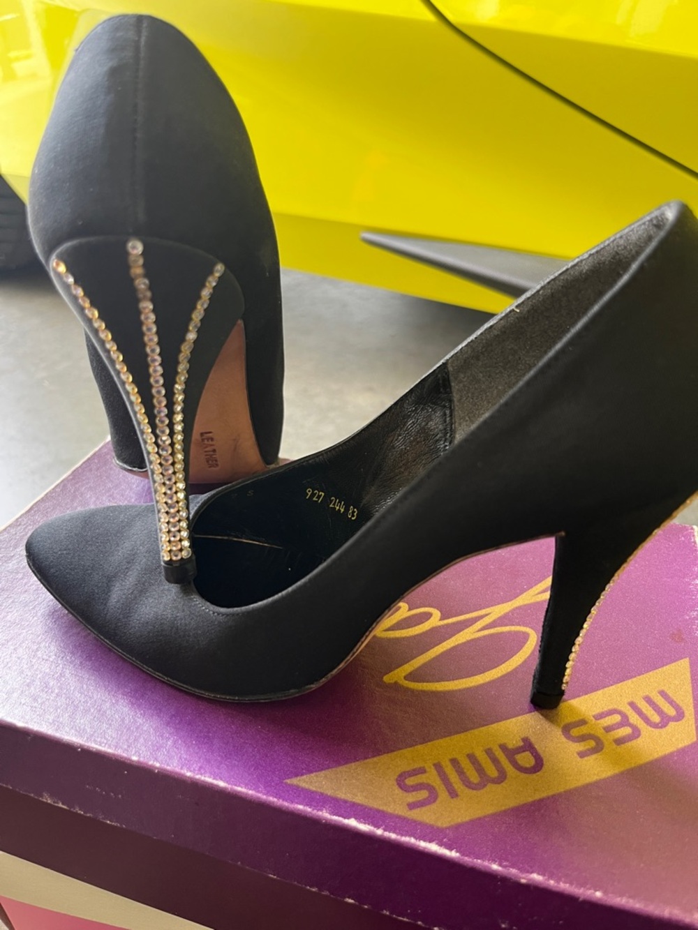 Crystal-Heel Black Satin Pumps